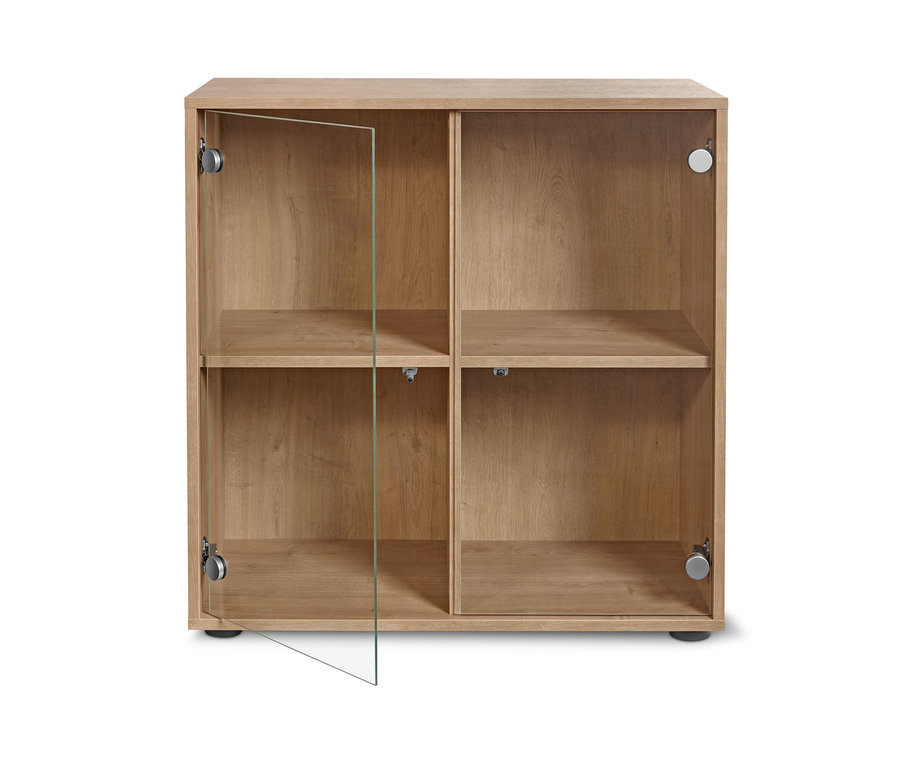 Ein Regalmodul »Flemming«, ca. 75 x 75 cm, mit Glastüren in Eichendekor.