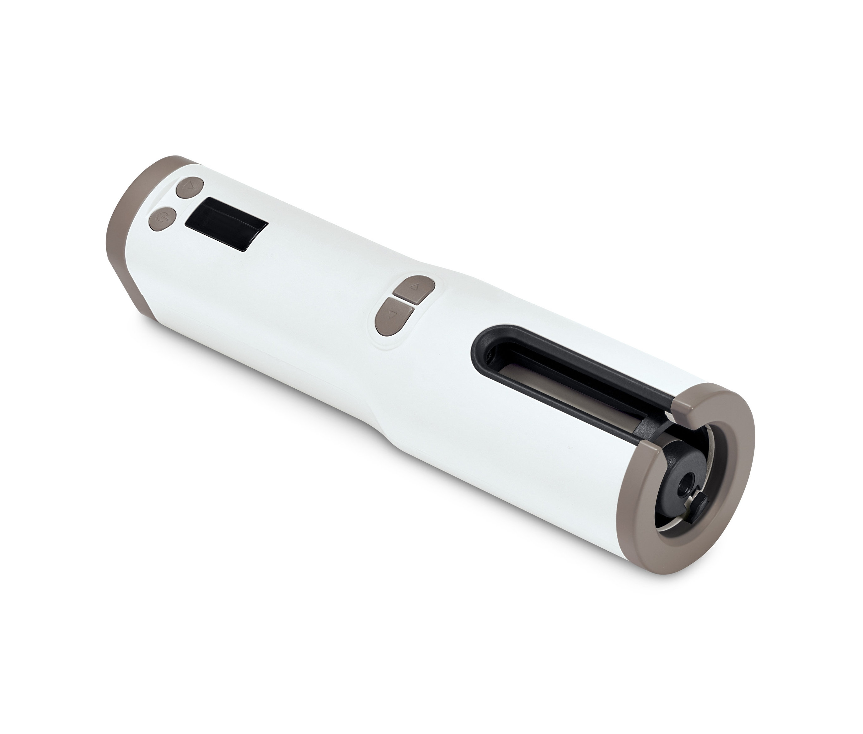 Ein weißer, automatischer Lockenstyler mit grauen Akzenten liegt auf einem weißen Hintergrund.