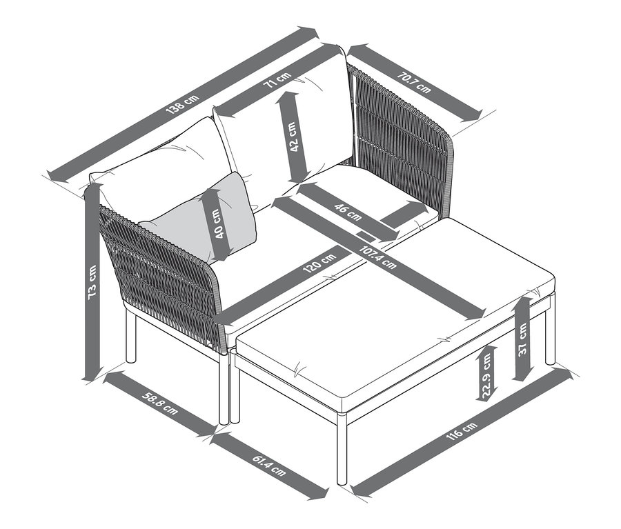 Abmessungen des Outdoor-Sofas »Liska« mit Relax-Komfort-Kissen.