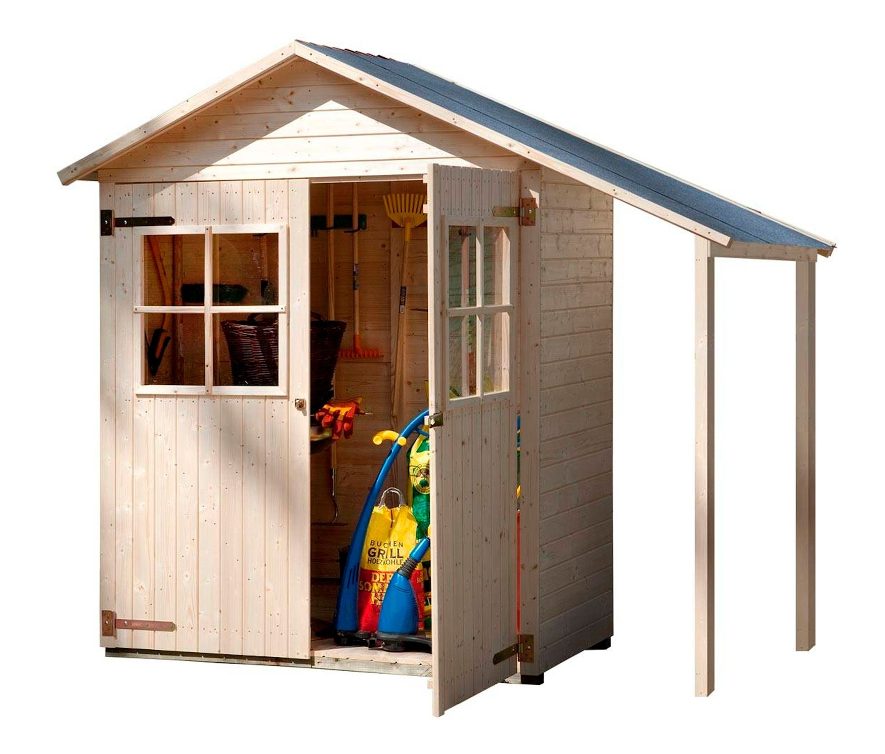 Geöffneter Holzgarten-Geräteschuppen mit Fenster und gelagerten Gartengeräten. WEKA Garten- und Terassenschrank mit Anbaudach, 14mm (351 A Gr. 2)