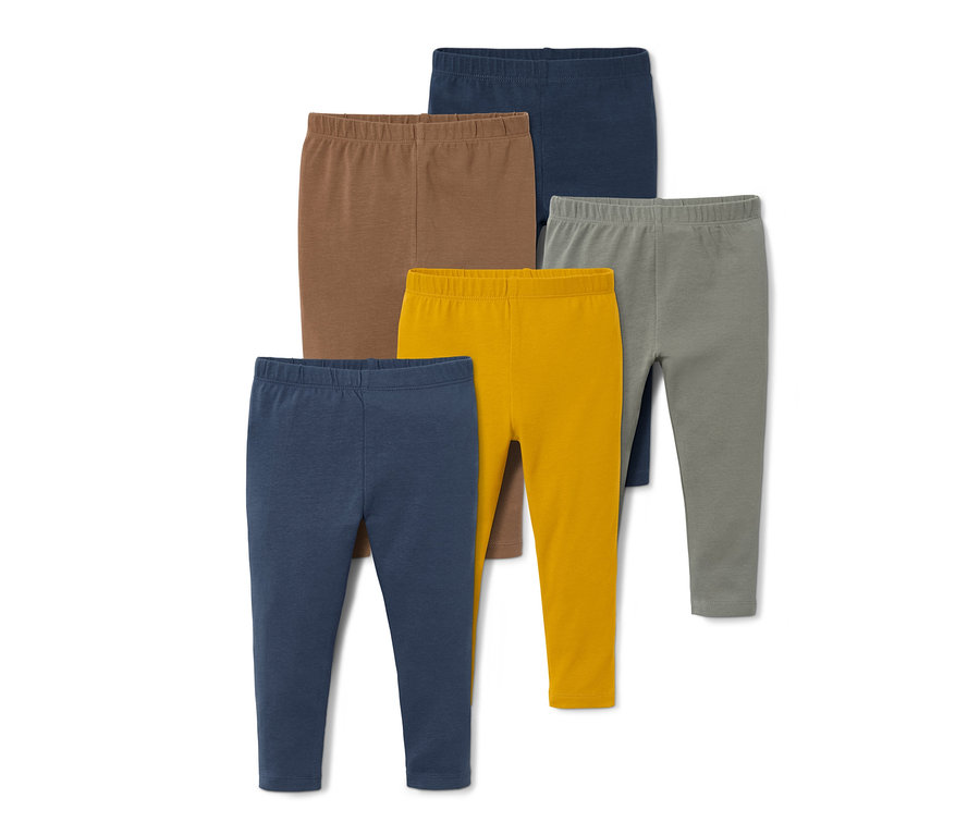 Fünf einfarbige Jersey-Leggings in verschiedenen Farben.