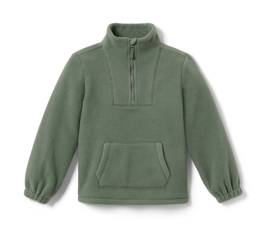 Olivgrünes Kuschelfleece-Sweatshirt mit kurzem Reißverschluss und Kängurutasche.