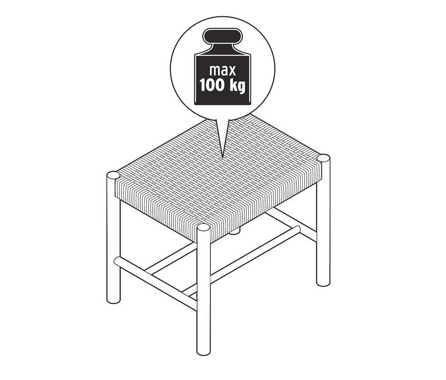 Illustration eines geflochtenen Hockers mit einer maximalen Tragfähigkeit von 100 kg.