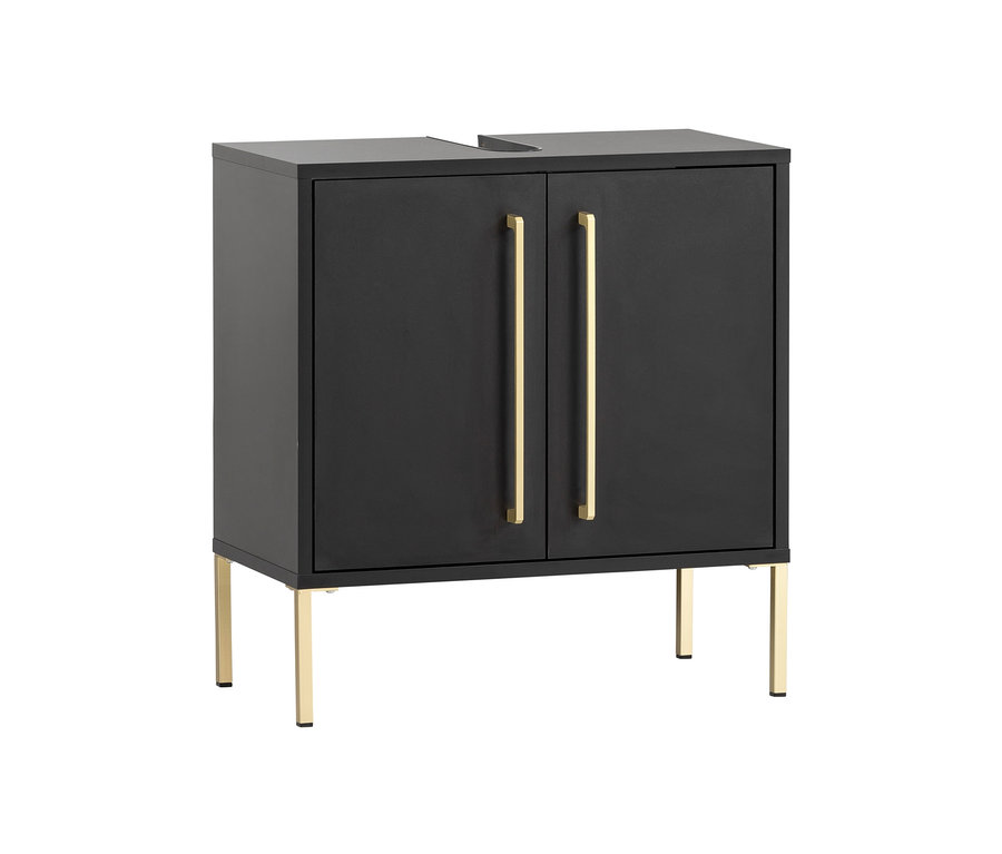 Schwarzer Waschbeckenunterschrank »Sarah« mit goldenen Beinen und Griffen.