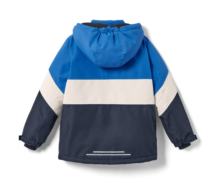 Rückansicht einer Skijacke mit Kapuze in Blau, Beige und Dunkelblau.