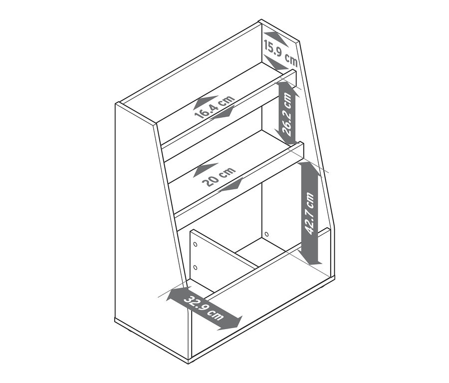Schematische Darstellung eines Stufenregals mit Bemaßung.
