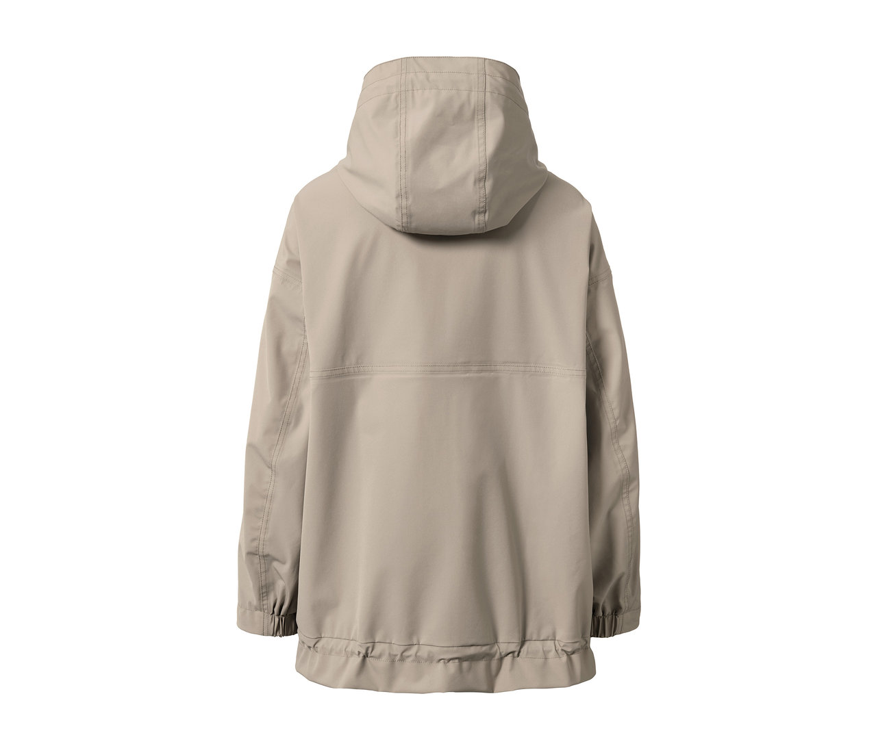 Rückansicht einer Oversized-Funktionsregenjacke.