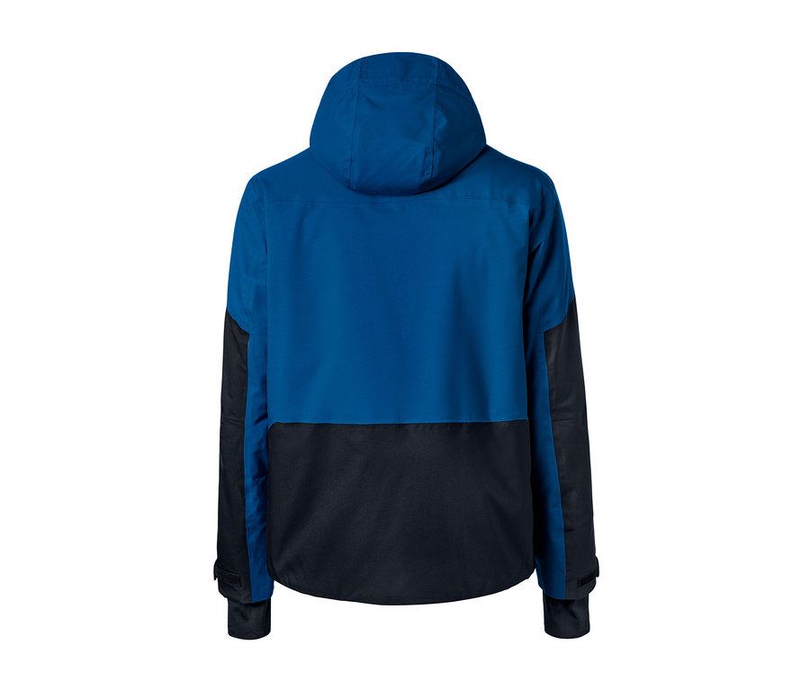 Rückansicht einer blau-schwarzen Skijacke.