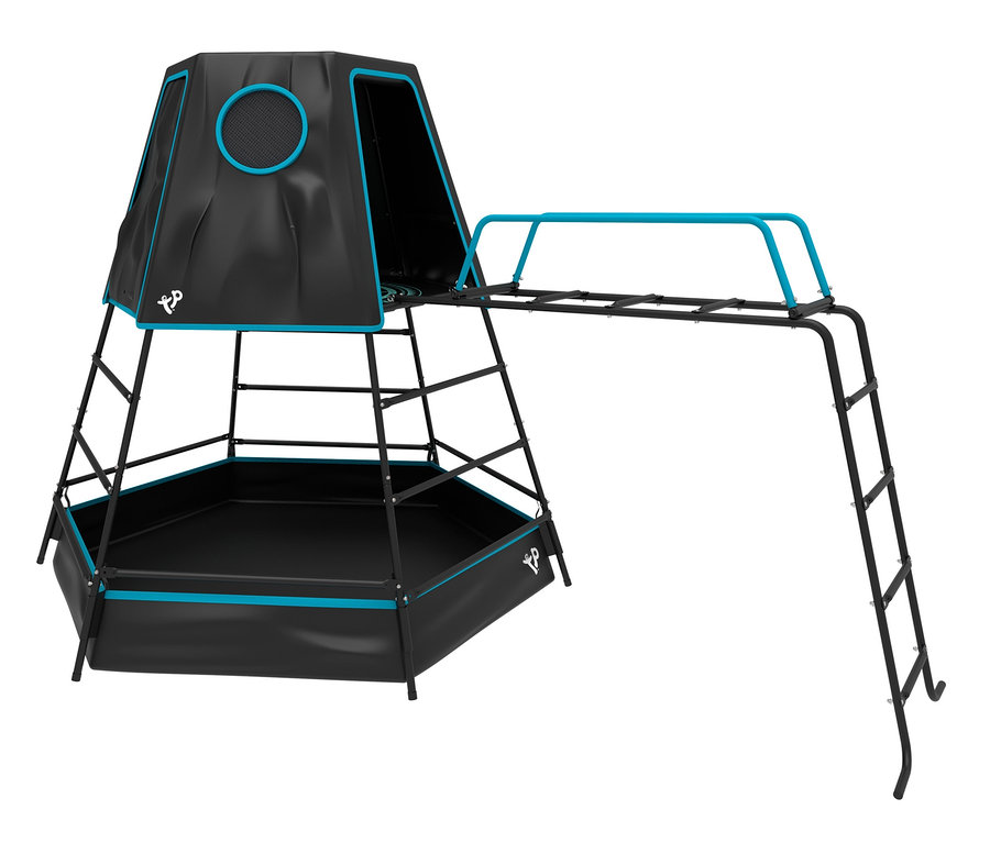 Schwarzer und türkiser Kletterturm "Explorer" mit Zelt.