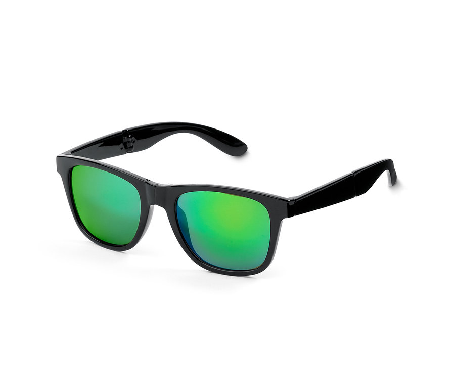 Eine faltbare Sonnenbrille mit schwarzem Gestell.
