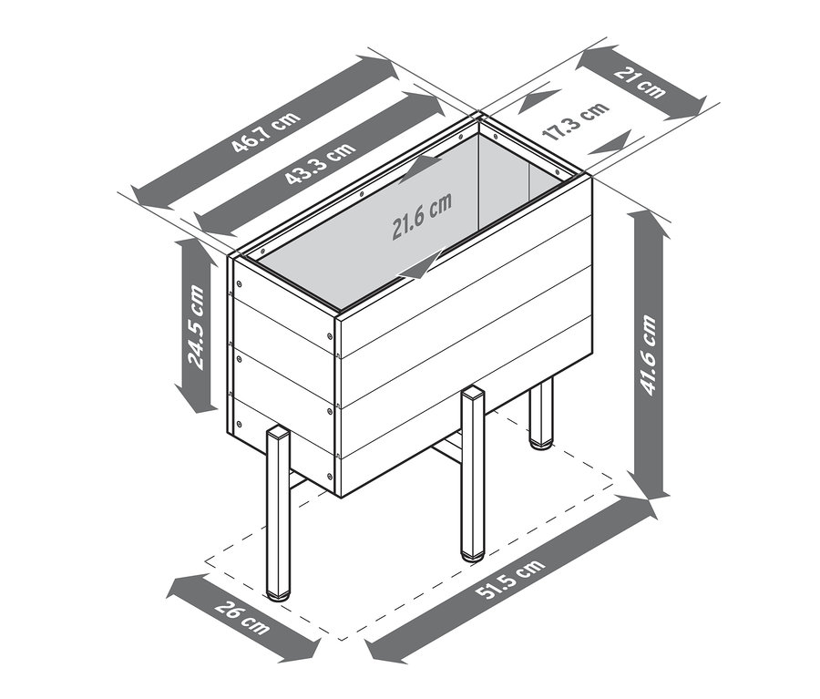 Schema von 3 Blumenkästen mit Gestell, mit hervorgehobenen Abmessungen.