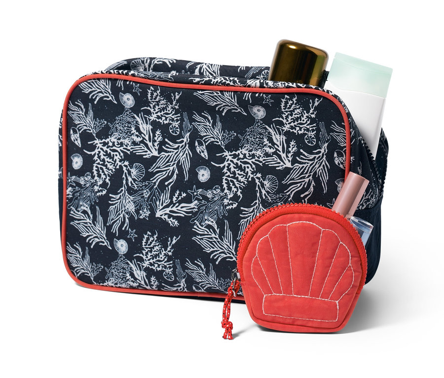 Taschen-Set mit Meereskorallenmuster, eine Tasche in Muschelform.