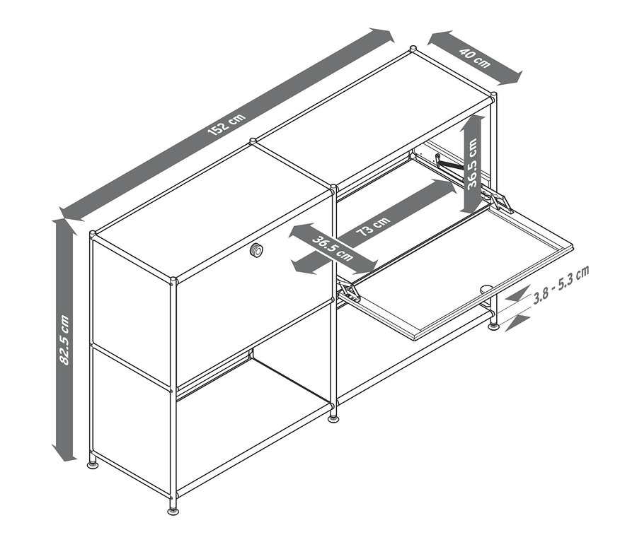 Abbildung eines Sideboards Metall »CN3« mit 2 verstellbaren Klappenfächern und Maßangaben.