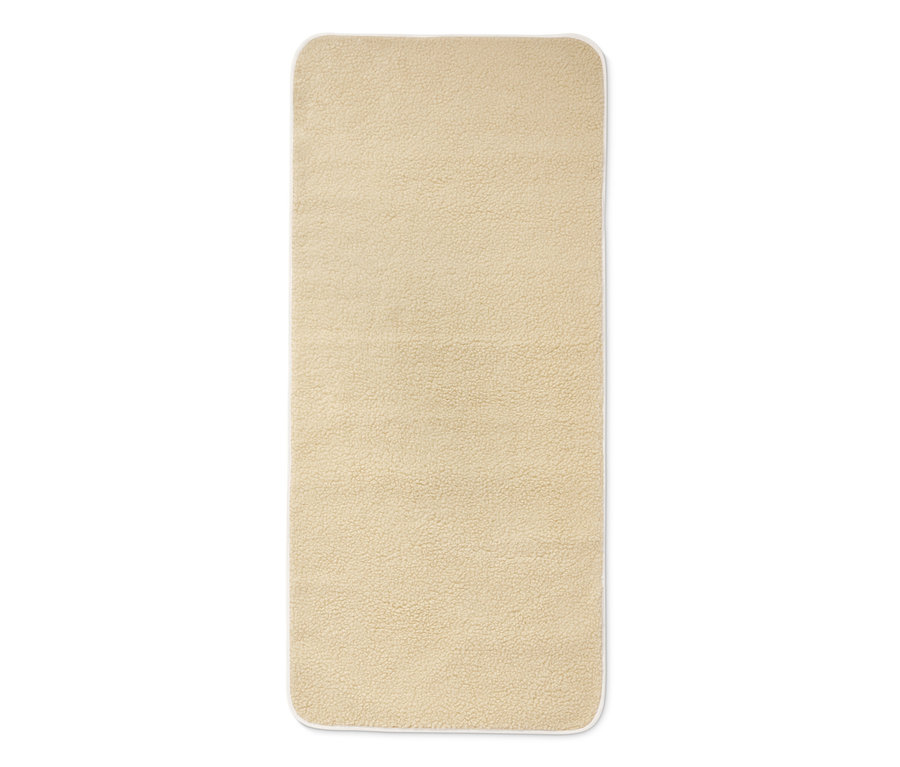 Beige Schurwoll-Yogamatte mit weißer Umrandung.