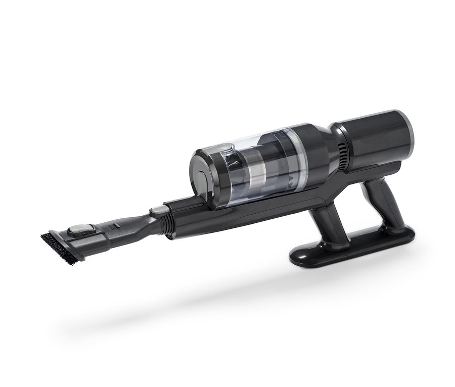 Ein schwarzer, digitaler Akkusauger liegt auf einem weißen Hintergrund.