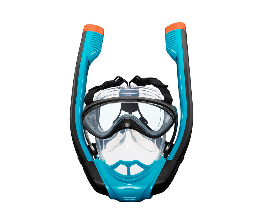 Nahaufnahme der Bestway® Hydro-Pro™ Schnorchelmaske »Flowtech« mit blauen Röhren und schwarzem Rahmen.