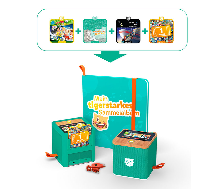 Grünes Exklusives »tigerbox TOUCH« Paket mit Alben und Karten.