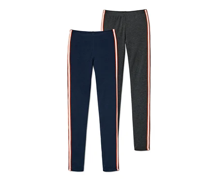 Zwei Leggings, eine marineblau, eine anthrazit, beide mit rot-weißem Seitenstreifen.