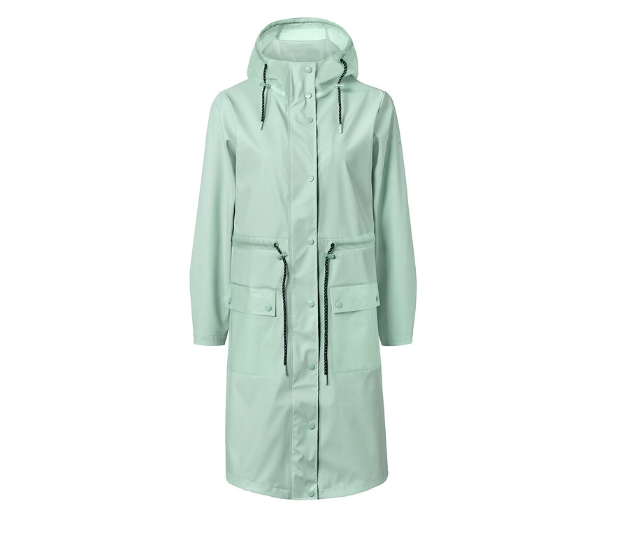 Mintgrüner Regenparka mit Kapuze, Knopfleiste und Kordelzug in der Taille.