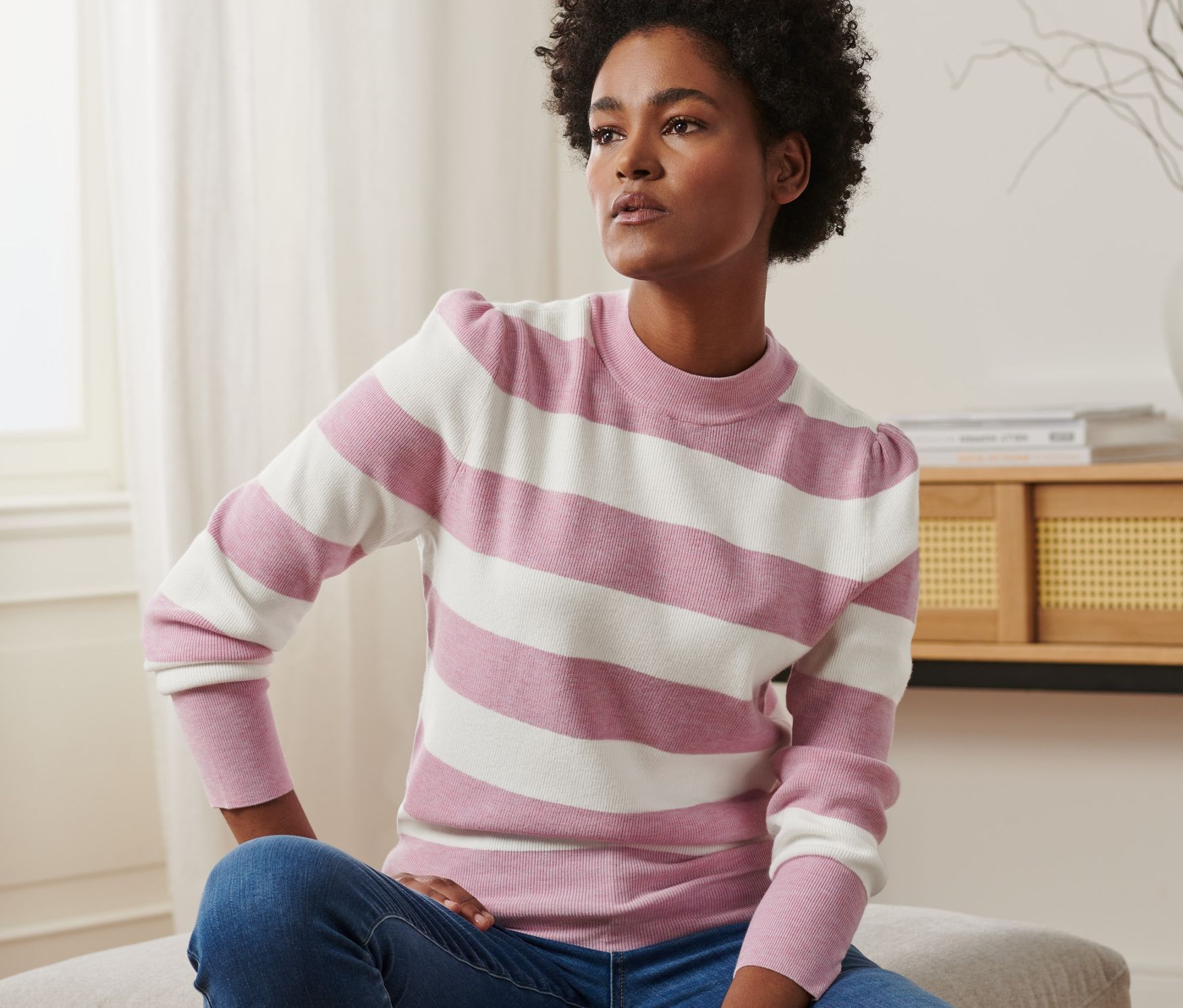 Thumbnail - Tchibo - Pullover mit Puffärmeln - Damen - Gr. L - weiß/gestreift