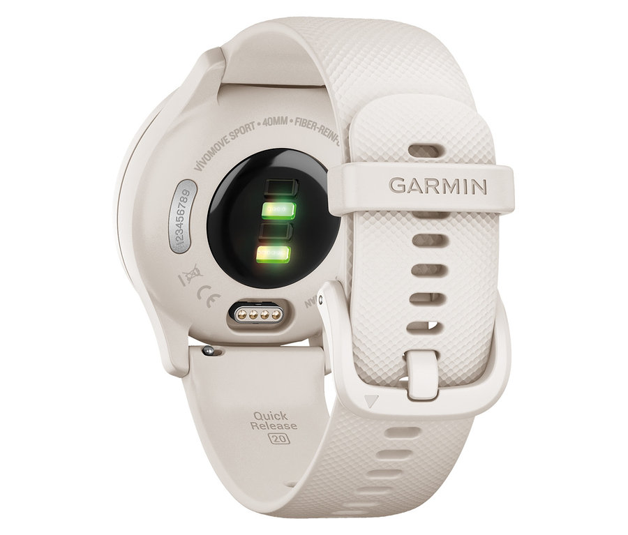 Detail der Rückseite der elfenbein-perlgoldfarbenen GARMIN VIVOMOVE® SPORT Smartwatch, wobei die Sensoren sichtbar sind.