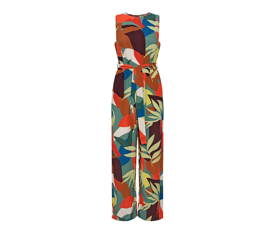 Mehrfarbiger Jumpsuit mit Gürtel.