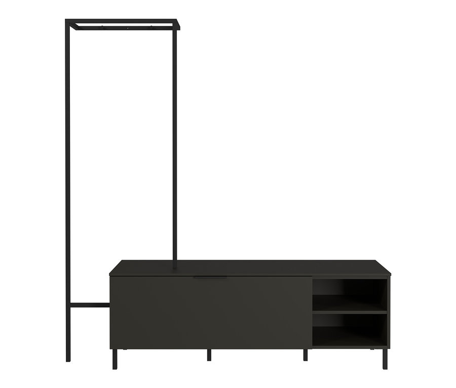 Graphitfarbene Garderobe mit Ablageflächen.