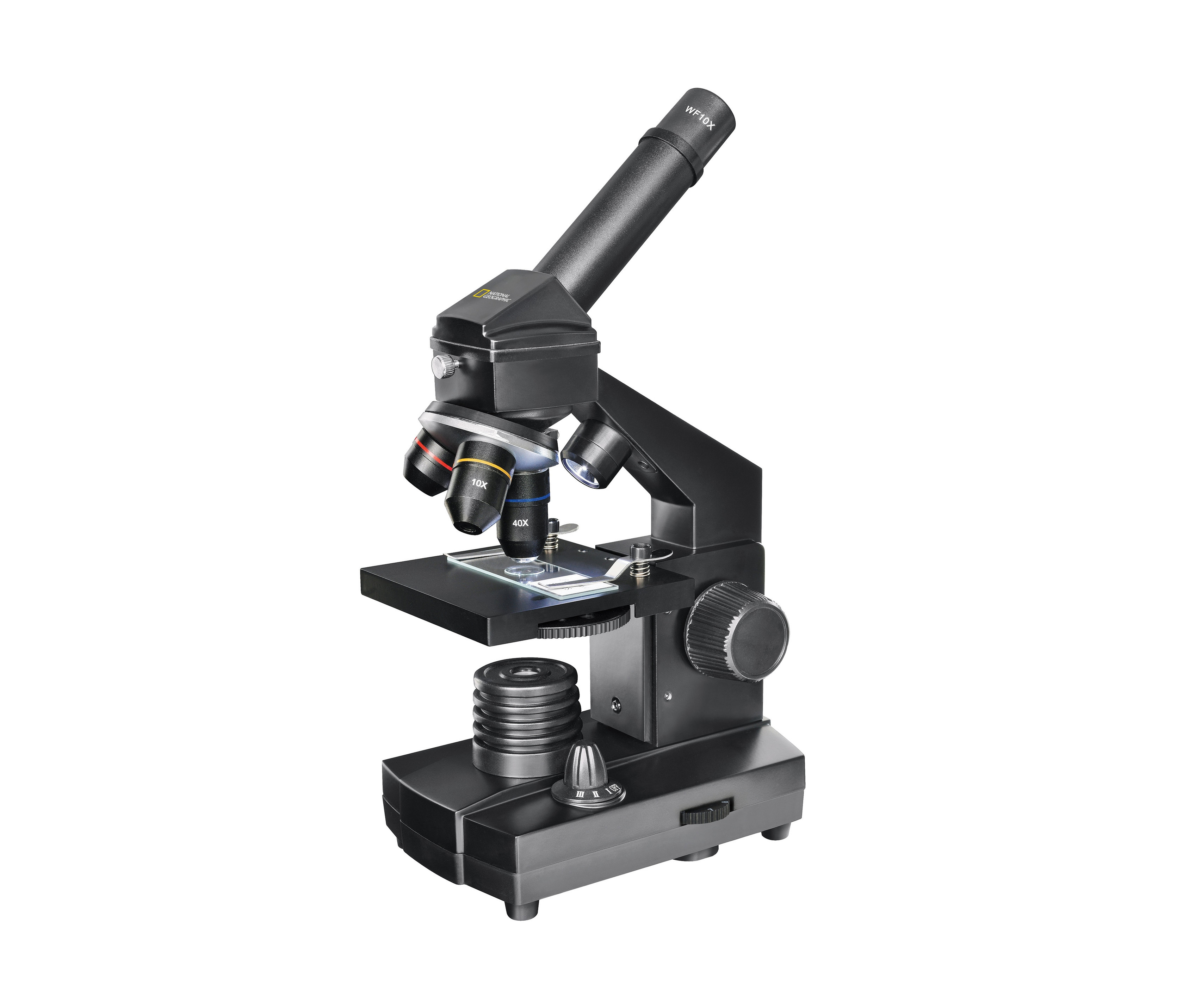 Schwarzes Mikroskop mit 10x- und 40x-Objektiven und Smartphone-Halterung. NATIONAL GEOGRAPHIC 40x-1280x Mikroskop inkl. Smartphone Halterung