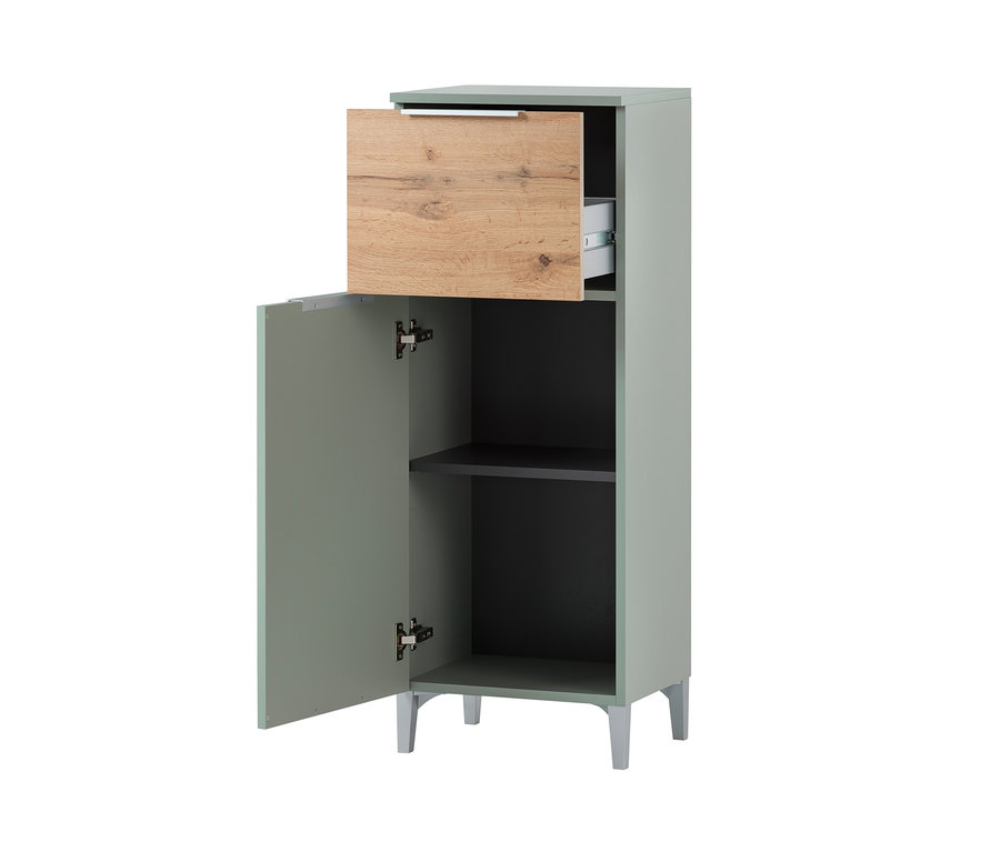 Grüner Highboard »Smilla« Schrank mit offener Tür und Schublade.