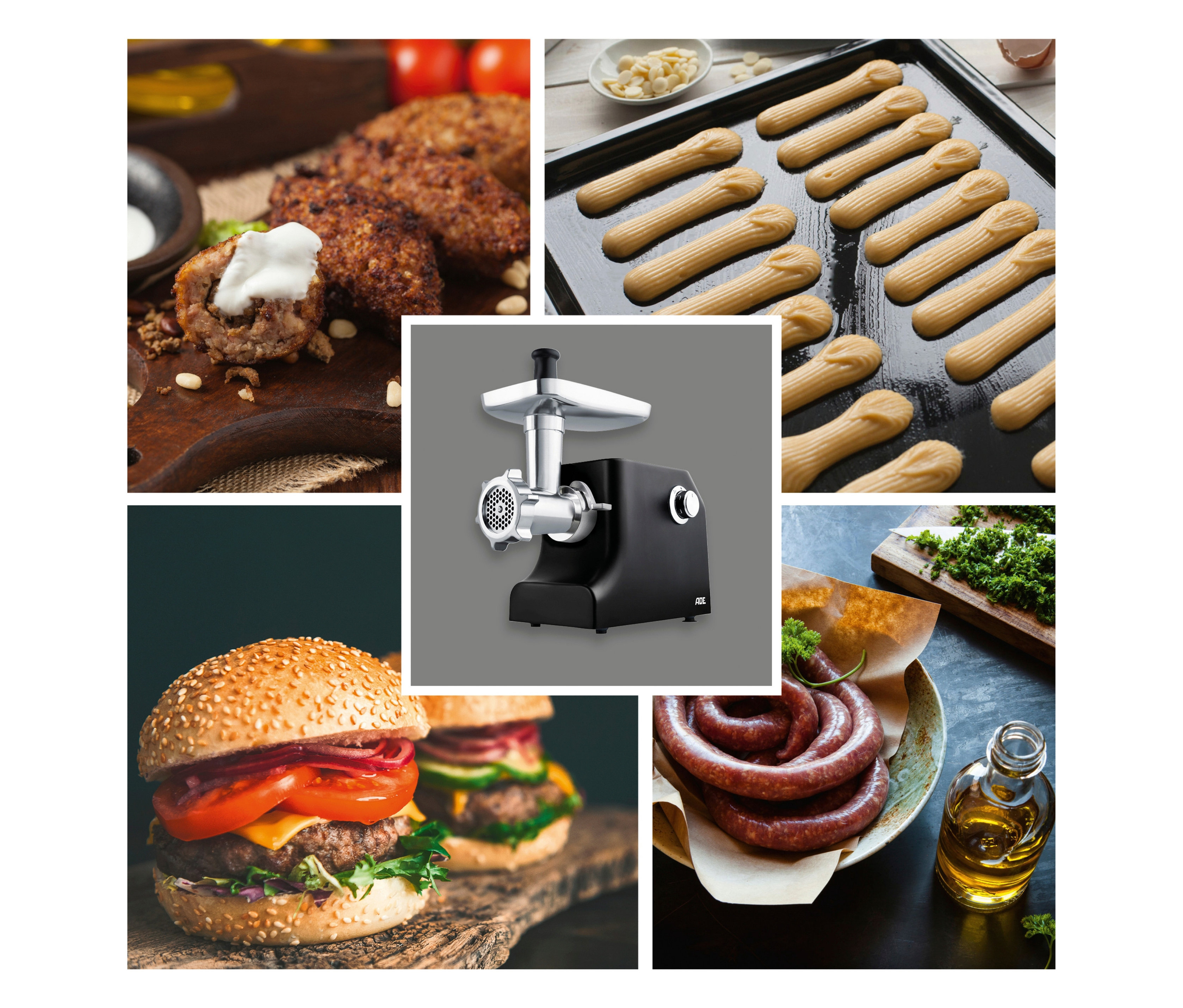 Collage zeigt Burger, Fleisch, Wurst, Gebäck und ADE Elektrischer 2-in-1-Fleischwolf mit Spritzgebäckpresse.