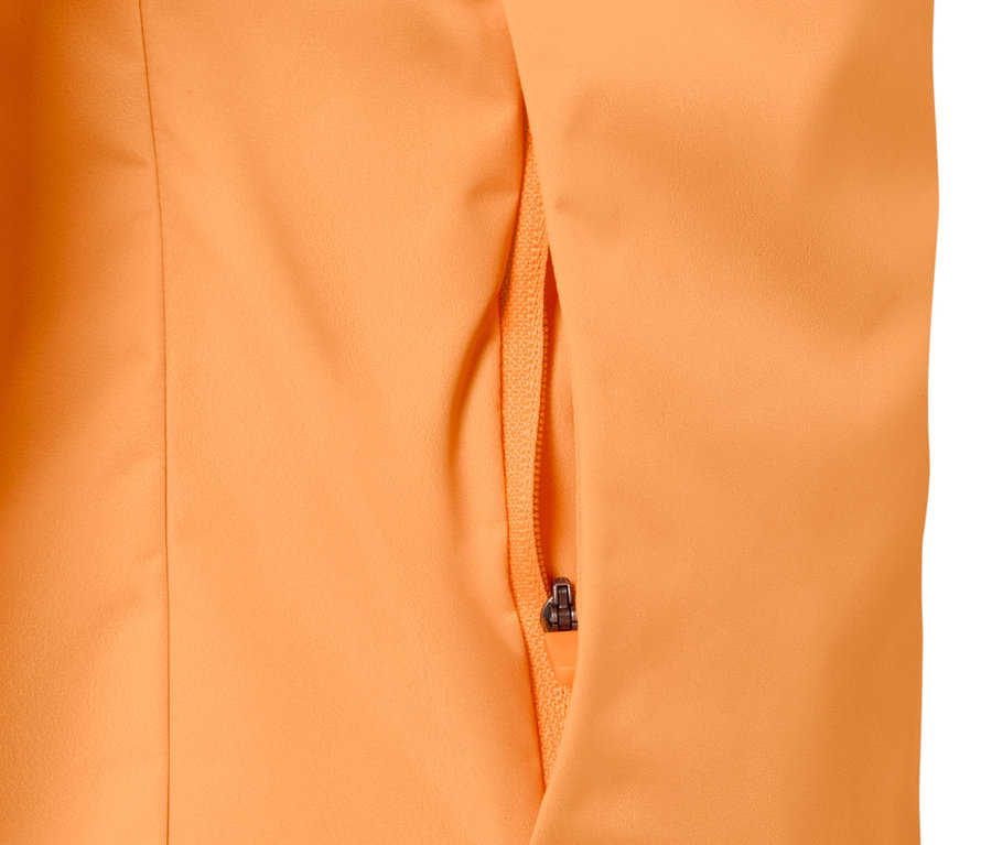 Detailaufnahme einer neonorangen Windprotection-Laufjacke mit geöffneter Tasche.