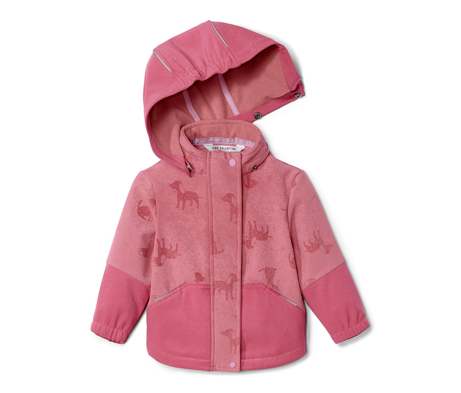 Rosa Kinder-Softshelljacke mit Farbwechsel bei Regen, mit Kapuze und Hundeprint.