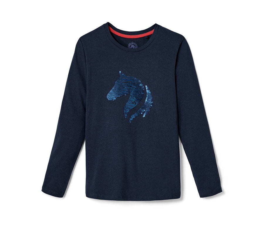 Dunkelblaues Kinder-Langarmshirt mit einem Pferdekopfdessin aus Wendepailletten.