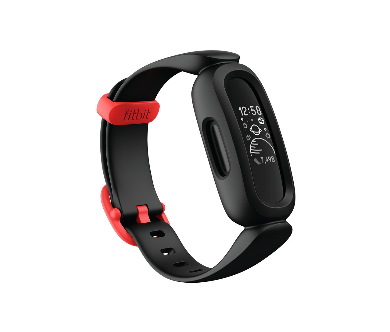 Schwarzer Fitnesstracker mit rotem Armband auf weißem Hintergrund. Fitbit Aktivitäts-Tracker für Kinder »Ace 3 Kids«, schwarz.