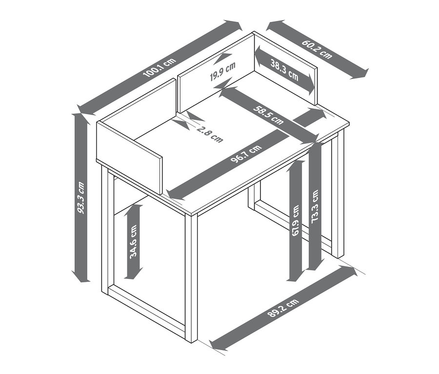 Abmessungen des grauen und weißen Sekretärs mit seitlicher Umrandung.