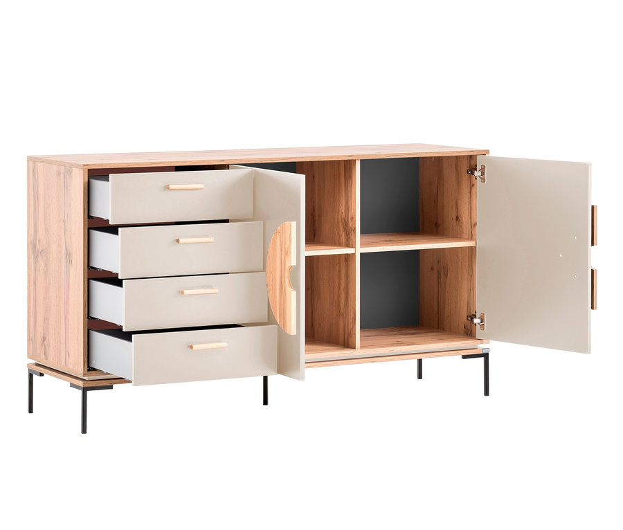 LOOKS by Wolfgang Joop Sideboard mit Griffapplikation, beige, teilweise geöffnete Schubladen und Tür.