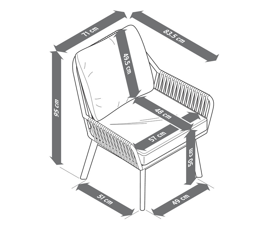 Abmessungen des Lounge-Dining-Sets.