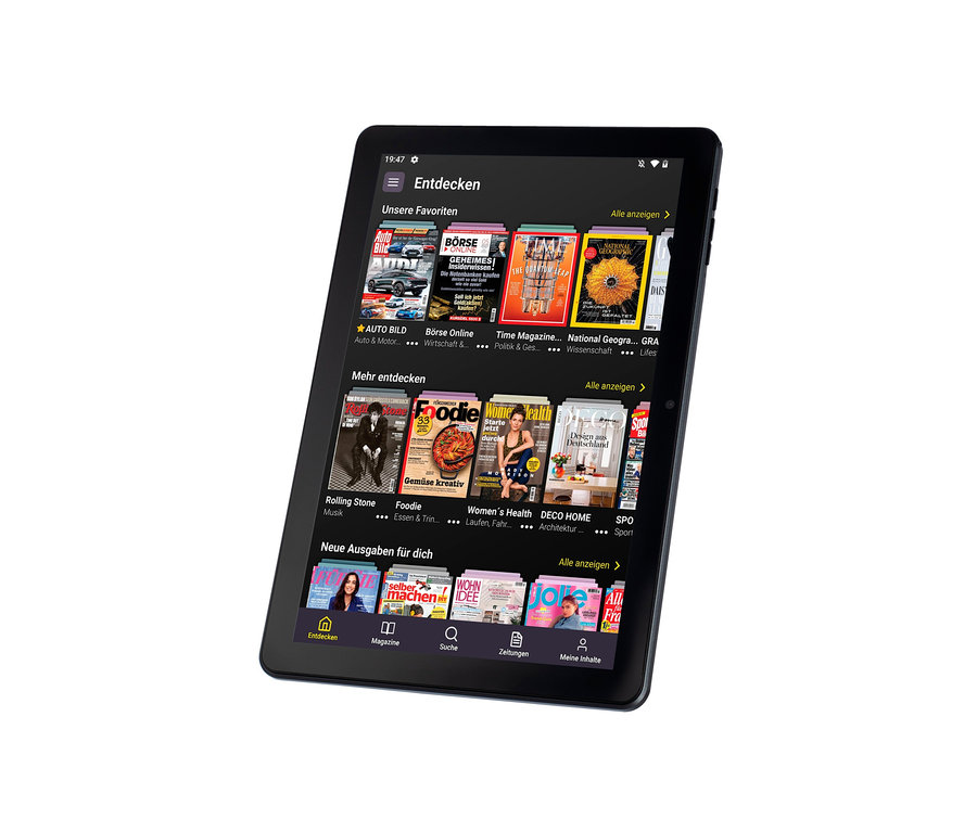 Ein schwarzes Readly Reader Android 12 Tablet mit Deutschlands größtem digitalem Kiosk mit verschiedenen Zeitschriften wird angezeigt.