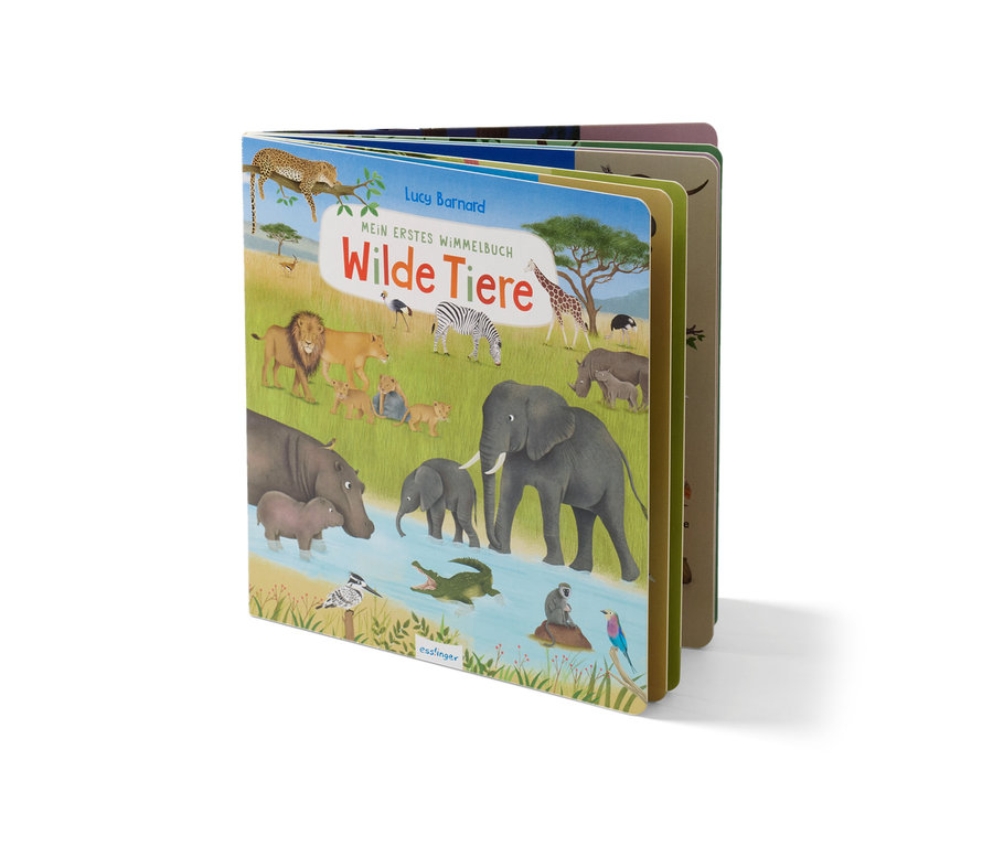 Geöffnetes Buch „Mein erstes Wimmelbuch – Wilde Tiere“ zeigt Illustrationen von Wildtieren.