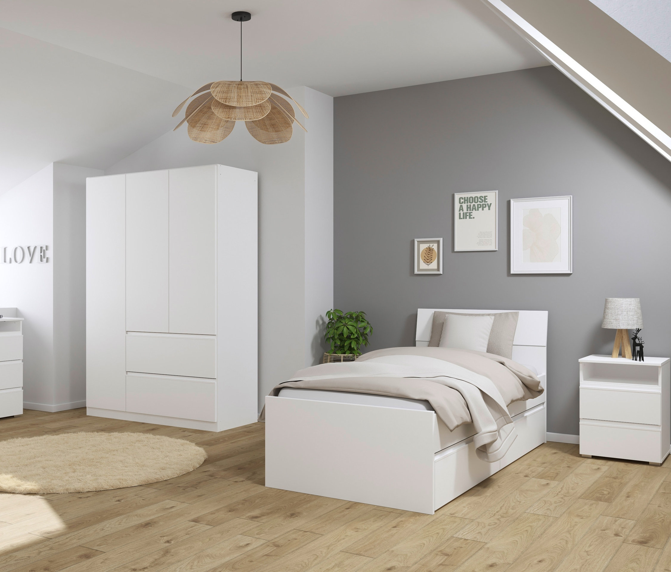 Zimmer mit weißem Bett, rauch Nachttisch »Joel« und rauch Drehtürenschrank 3-türig »Joel«.