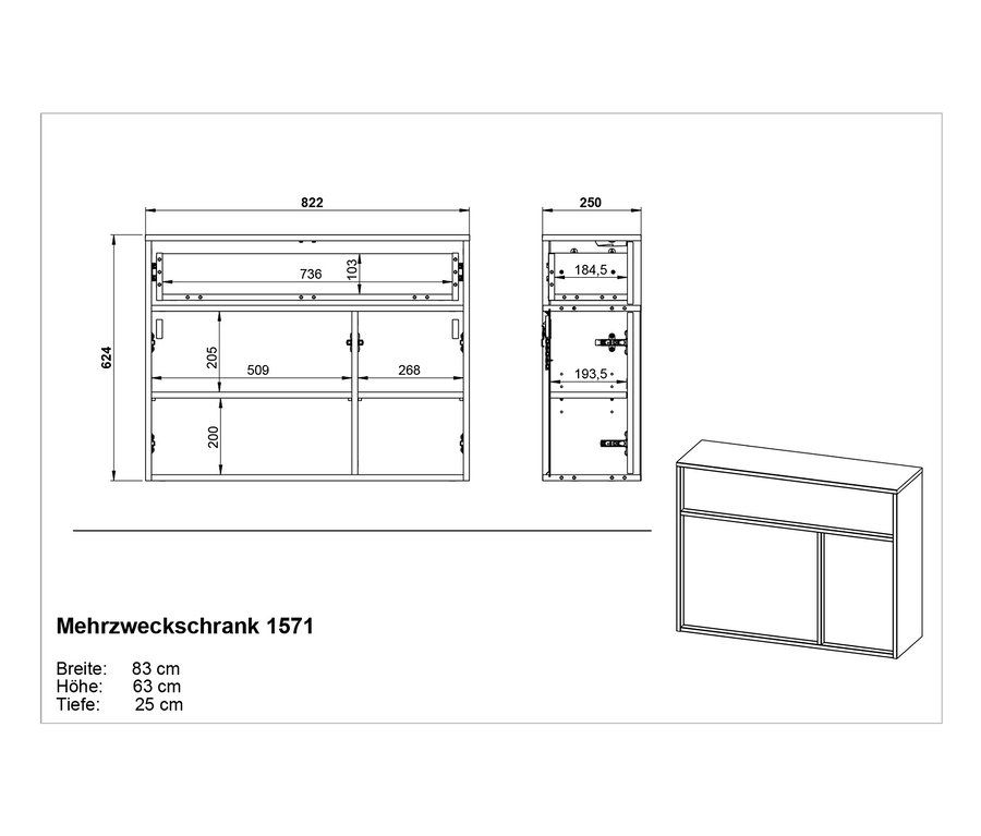 Zeichnung von Ameca Mehrzweckschrank mit 2 Türen und einer Schublade.