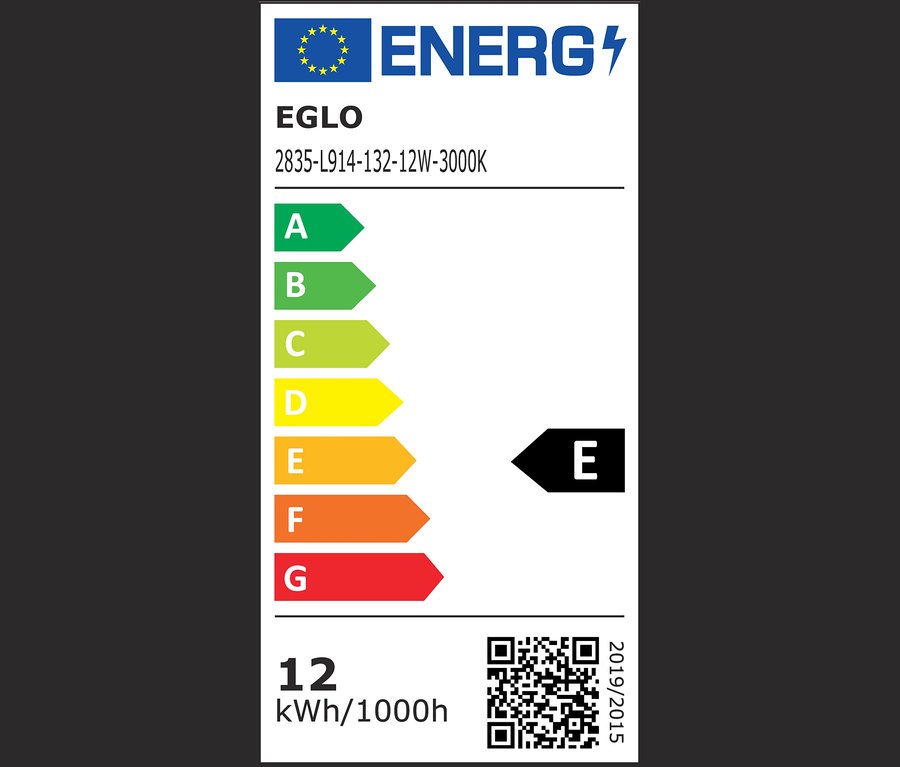 Ein EGLO Energieetikett mit den Energieeffizienzklassen A bis G, wobei E die aktuelle Klasse ist.