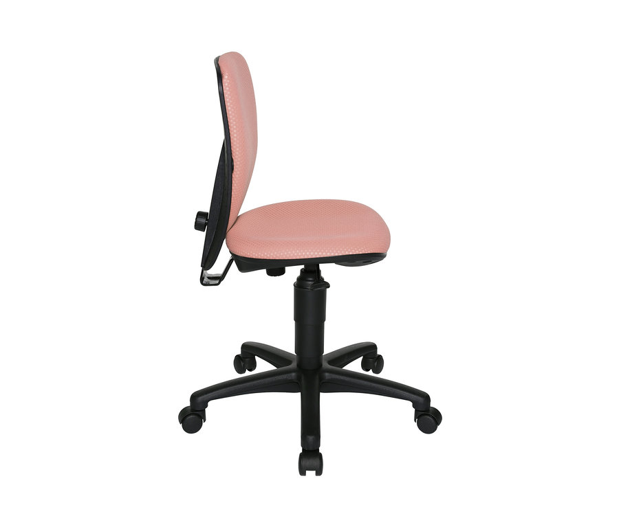 Detailansicht eines rosa Topstar Schreibtischstuhls »High S'Cool« mit schwarzem Rahmen und Rollen.