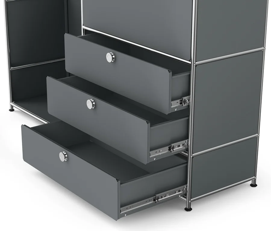 Detail einer grauen Kommode Metall »CN3« mit Holzplatte, 1 Kleiderstange, 1 Klappenfach und 3 Schubladen.