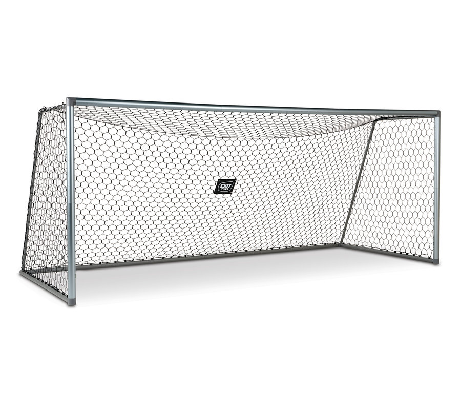 Ein EXIT Scala Fußballtor mit silbernem Rahmen und schwarzem Netz vor einem weißen Hintergrund.