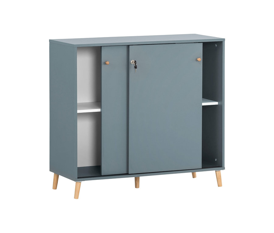 Blauer Schiebetürenschrank »Serie 500« mit hellen Holzfüßen.