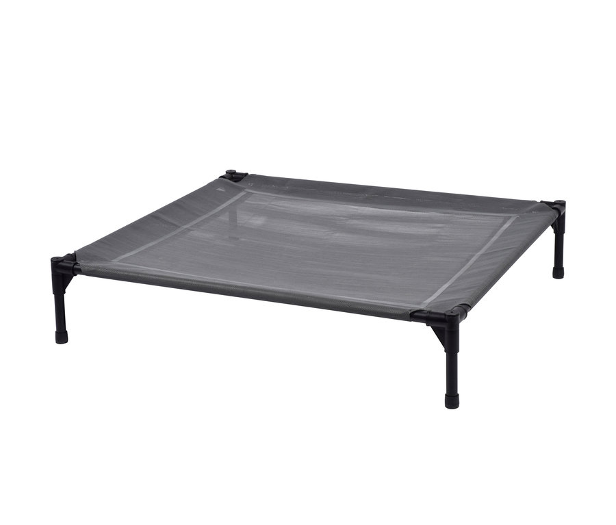 Graue Outdoor-Hundelounge mit vier schwarzen Beinen.