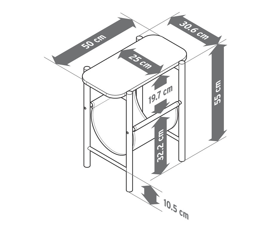 Abmessungen des Beistelltischs mit Schlaufenablage.