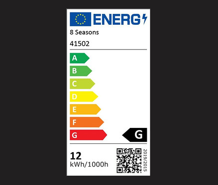 Ein Energielabel für eine 8 seasons design LED-Leuchte zeigt die Energieeffizienzklasse von A bis G, wobei G die niedrigste ist.