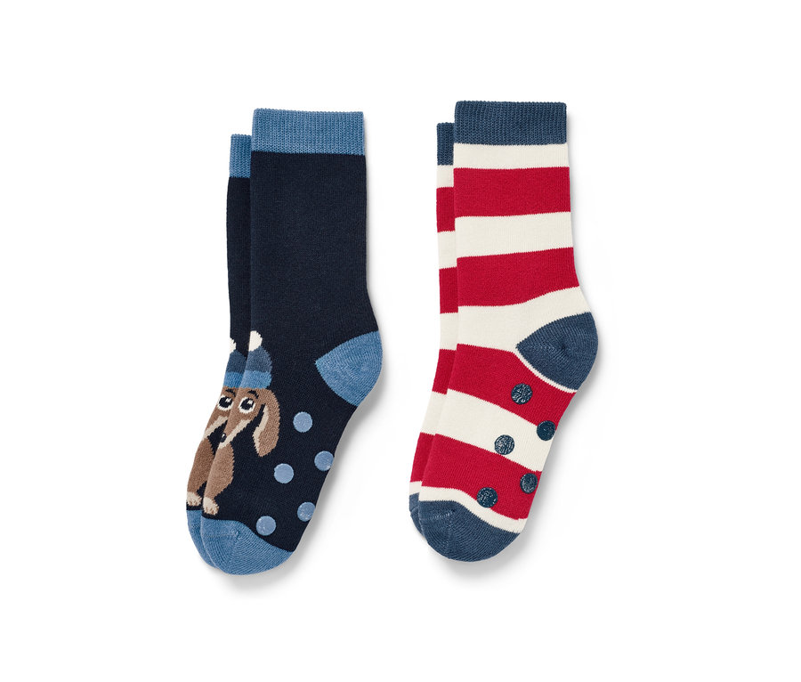 Zwei Paar Kindersocken. Ein Paar ist dunkelblau mit einem braunen Dackel und hellblauen Punkten, das andere Paar ist rot-weiß gestreift.